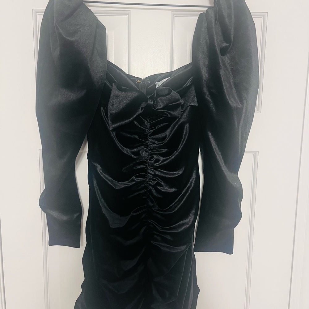 Club London Black Velvet Puff Sleeve Mini Dress with Bow